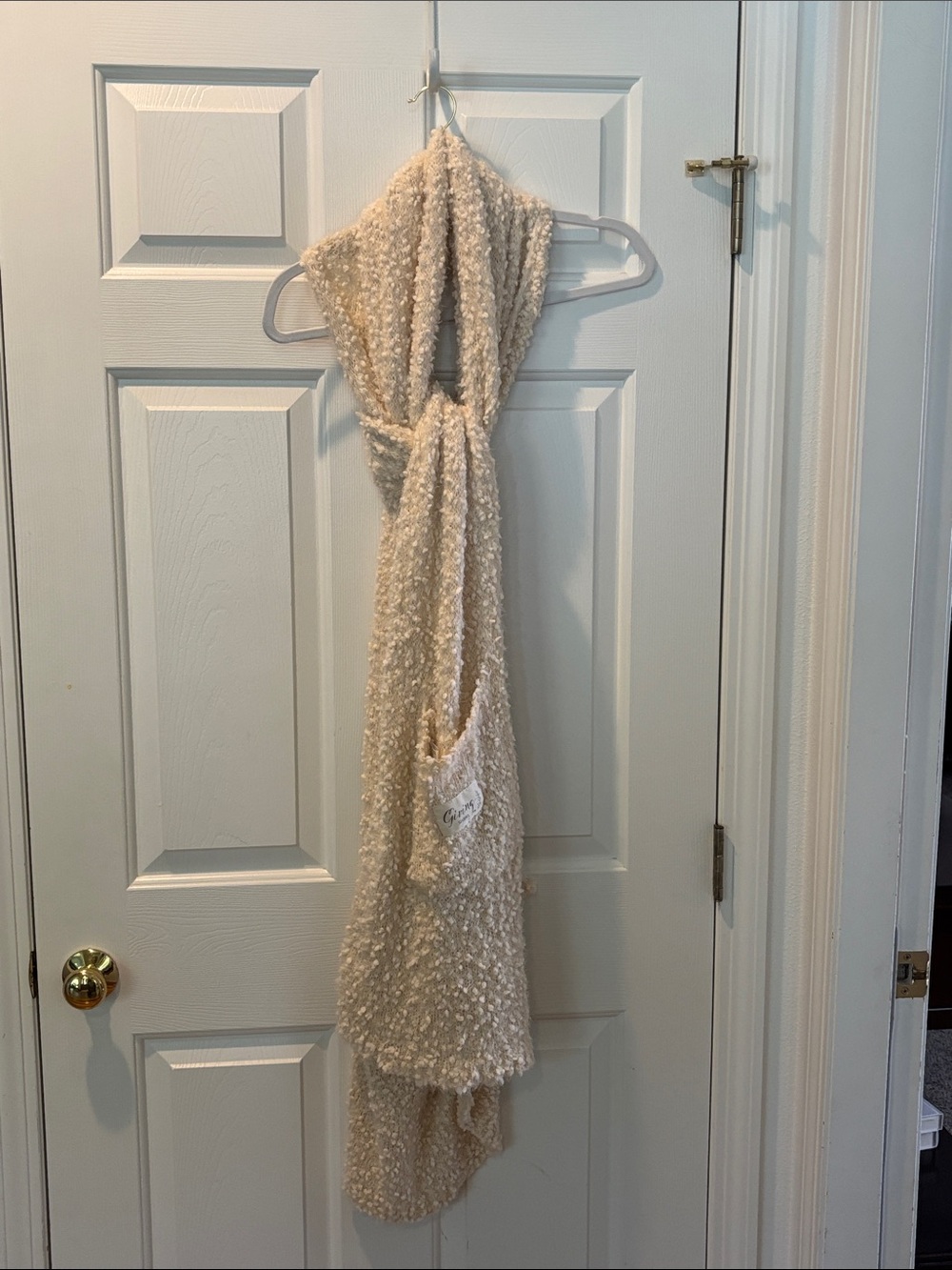 Plush Cream Textured Scarf with Pocket - Cozy Wearable Wrap